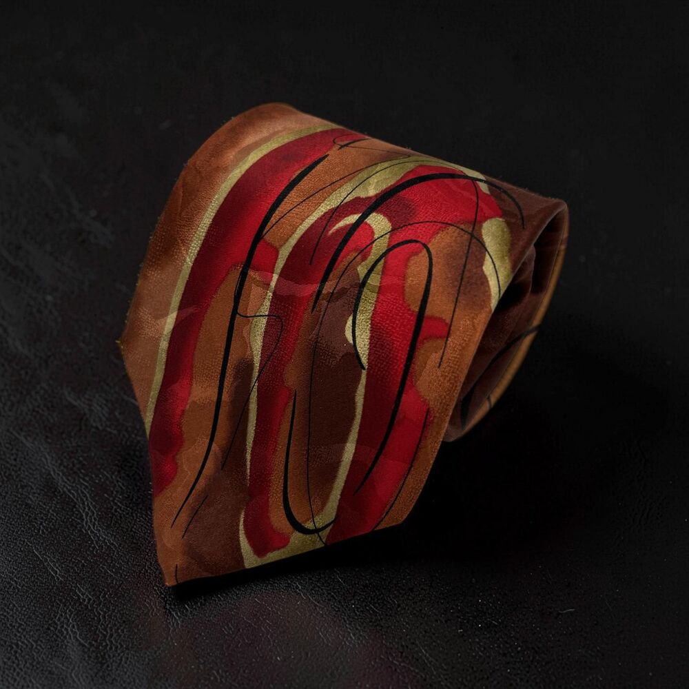 J Garcia Duckworm Alarm Tie Collection Abstract Brown Red Gold  58.5"x 4"